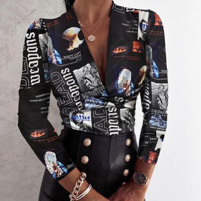 Blusa de manga larga ceñida para otoño, camisa Sexy con estampado de cebra y leopardo para mujer, cuello de pico Irregular, 2020