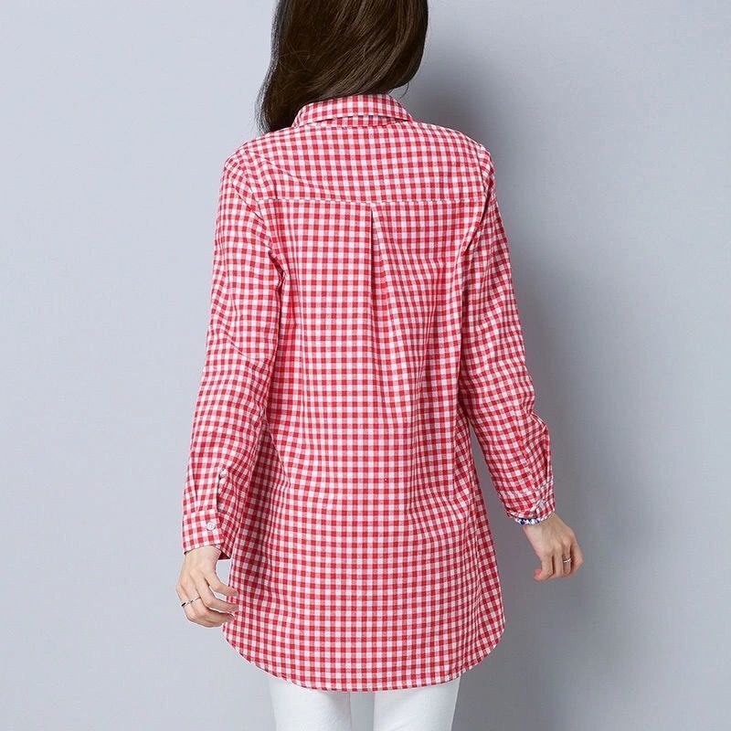 Женская клетчатая рубашка оверсайз с карманами, женские модные элегантные блузки, Топ с длинным рукавом, повседневная одежда в Корейском стиле, 2023