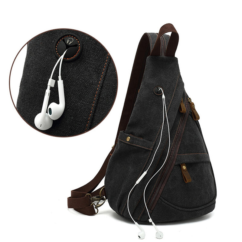 Canvas Sling Chest Bags With Earphone Port  Men's Cross-Body Causal Messenger Day Pack Male Women's Shoulder Satchel Backpack