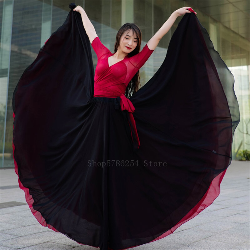 720 stopni hiszpański spódnica Flamenco kobiety dziewczęta taniec Gypsy szyfonowa brzuch dwuwarstwowa szyfonowa sukienka Big Wing bandażowa bluzka wydajność