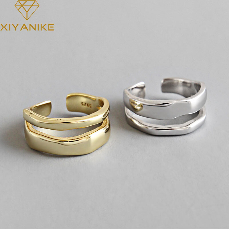 Xiyanike prata cor na moda elegante torção dois anéis de círculo para mulheres casal simples geométrica artesanal jóias ajustável
