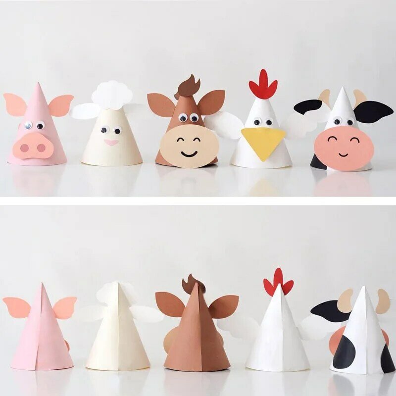 5pcs/lot DIY Happy Birthday Party Hats Cartoon Animals Cute Handmade Cap Crown Shower Baby Decoration Boy Girl Gifts Supplies