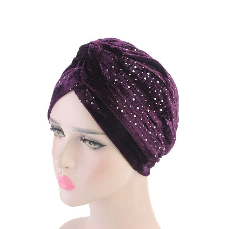 2020 wanita Rhinestone Beludru/Rajutan Sorban Topi Muslim Jilbab Syal Twist Headband Headwrap Musim Dingin Wanita Muslim Jilbab Turbante