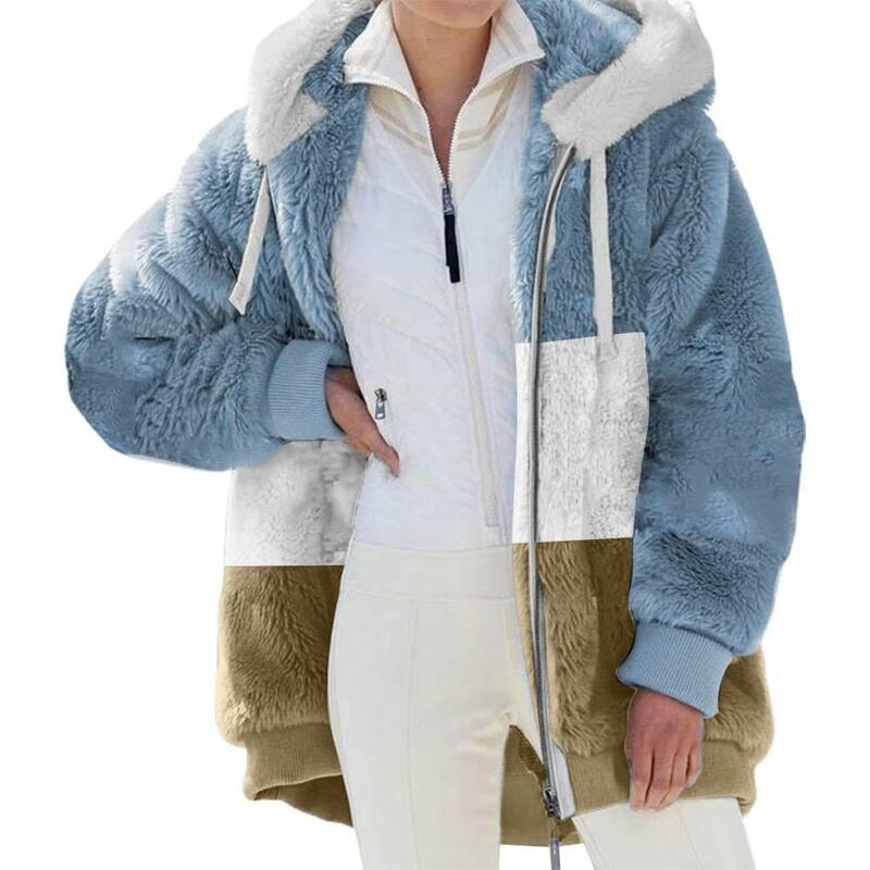 Veste zippée Smile pour femme, fausse fourrure en peluche, manteau à capuche, patchwork, document, chaud, épais, automne, hiver, 2022