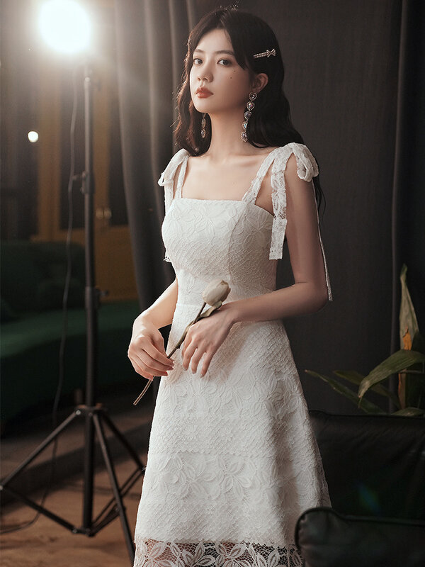 Simple White Spaghetti Strap Lace Bridesmaid Dress Women Slim Lace-Up Knee-Length Semi-Formal Dresses Female Engagement Gowns