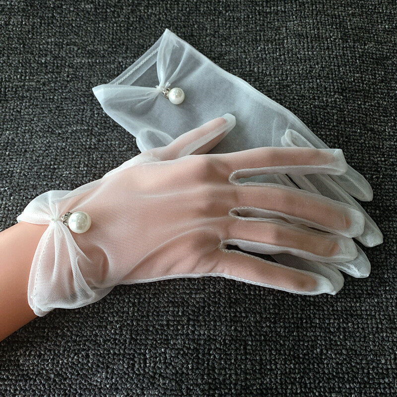 Biała suknia dla panny młodej rękawiczki siatkowe opaski na głowę z kokardką i perełką krótka, koronkowa rękawiczki akcesoria ślubne na imprezę bal Cosplay Performance damskie rękawiczki ślubne