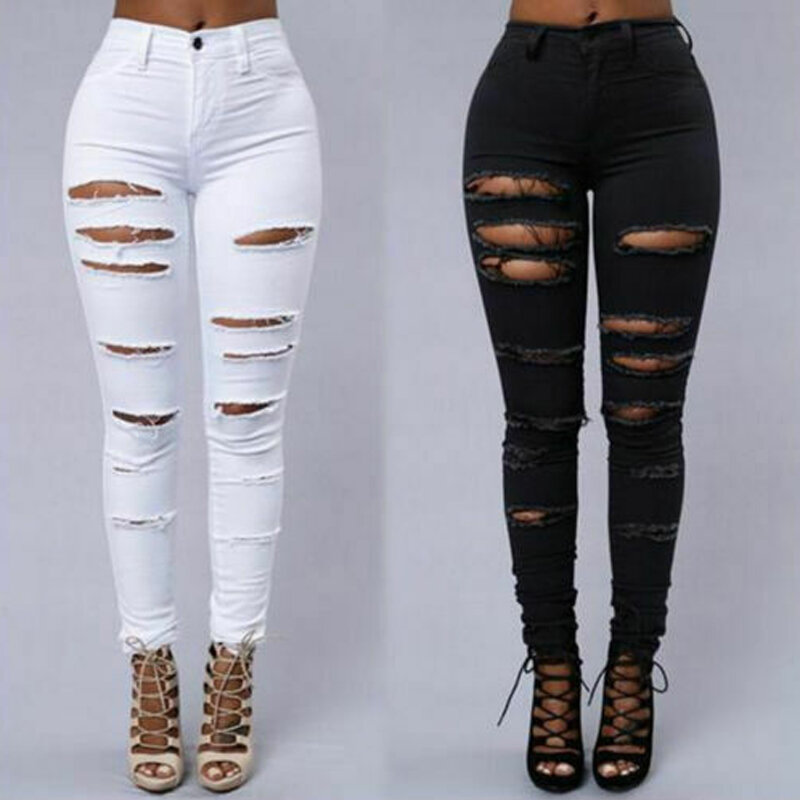 Женские повседневные брюки, эластичные джинсовые брюки с высокой талией, потертые рваные узкие джинсы, модные женские облегающие длинные брюки, 2 цвета