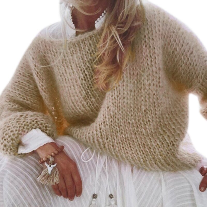 Для женщин Фонари с длинным рукавом свитер с круглым вырезом пышные Пушистый пуловер из мохера Топ крупной вязки сплошной Цвет свободный джемпер