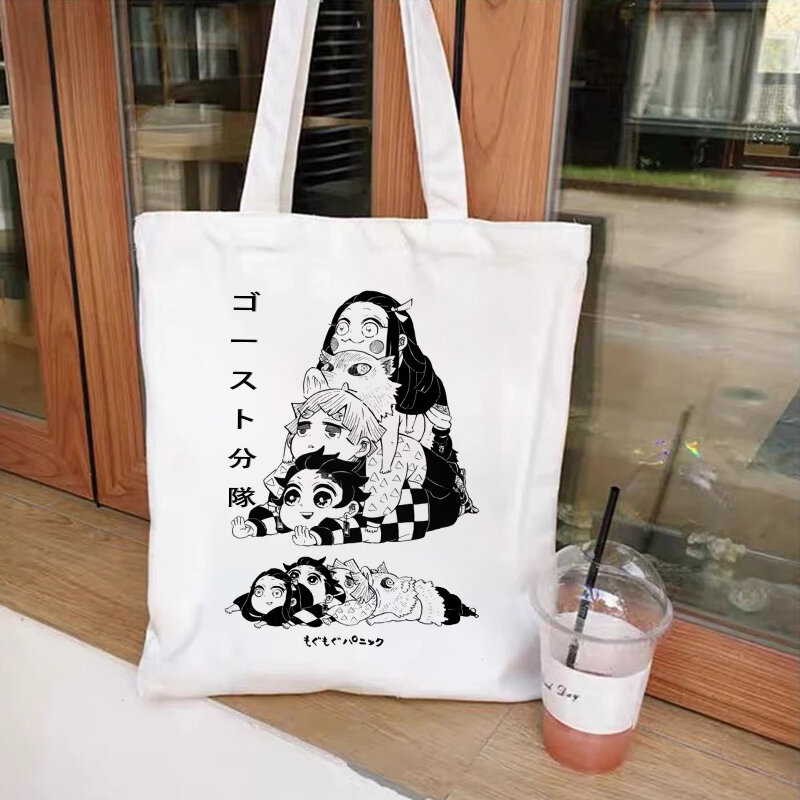 Tas belanja belanja Anime Demon Slayer Eco penggunaan sehari-hari tas tangan lipat tas Tote kapasitas besar tas bahu Harajuku