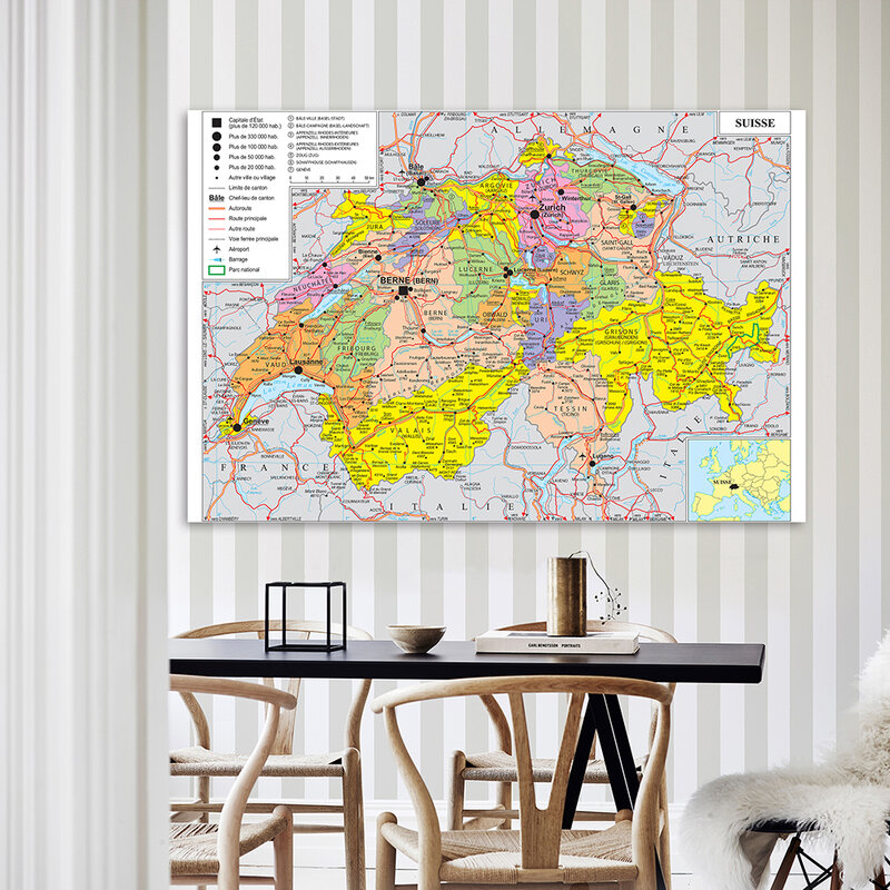 225*150cm transporte mapa da suíça em francês grande cartaz não-tecido lona pintura casa decoração material escolar