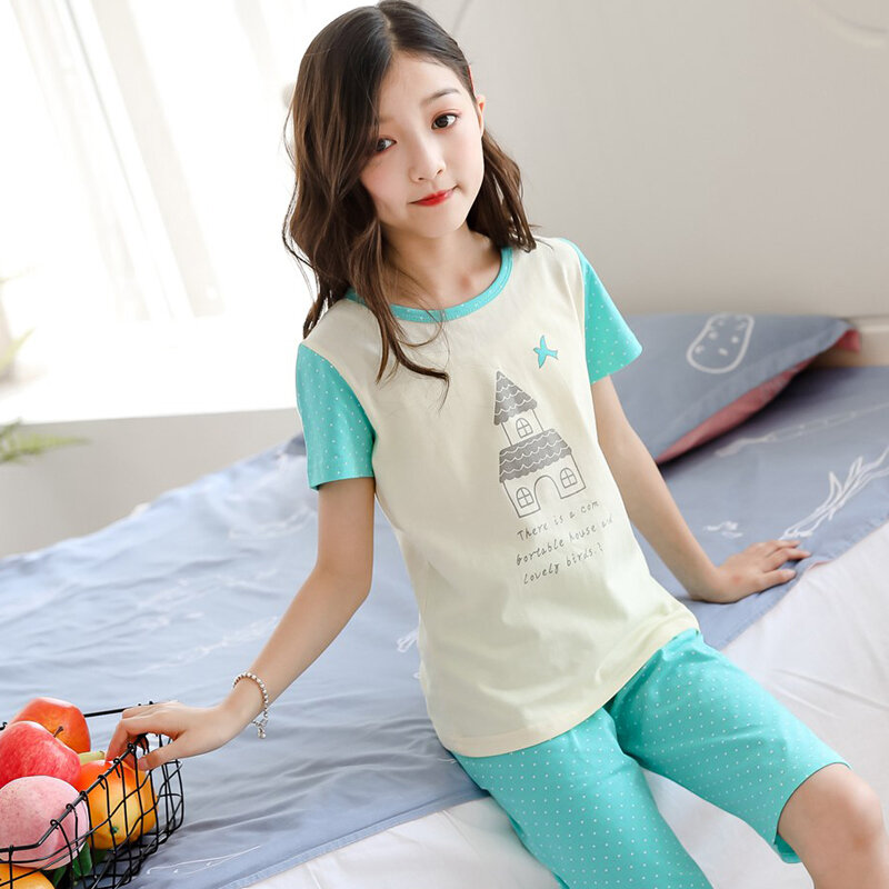 H5660 Gadis Manis Piyama Rumah Pakaian Suit Perempuan Katun Lengan Pendek Musim Panas Tipis Tipis Baju Tidur Wanita AC Baju Tidur