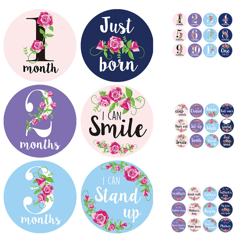 12pcs Baby Monthly Milestone Stickers Floral Newborn Girls Month Stickers First Year Photo Props