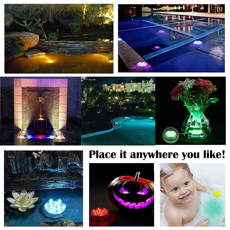 10 Led Remote Controlled RGB Submersible Light Battery Operated Underwater  Night Lamp Garden  Flashing with different colors