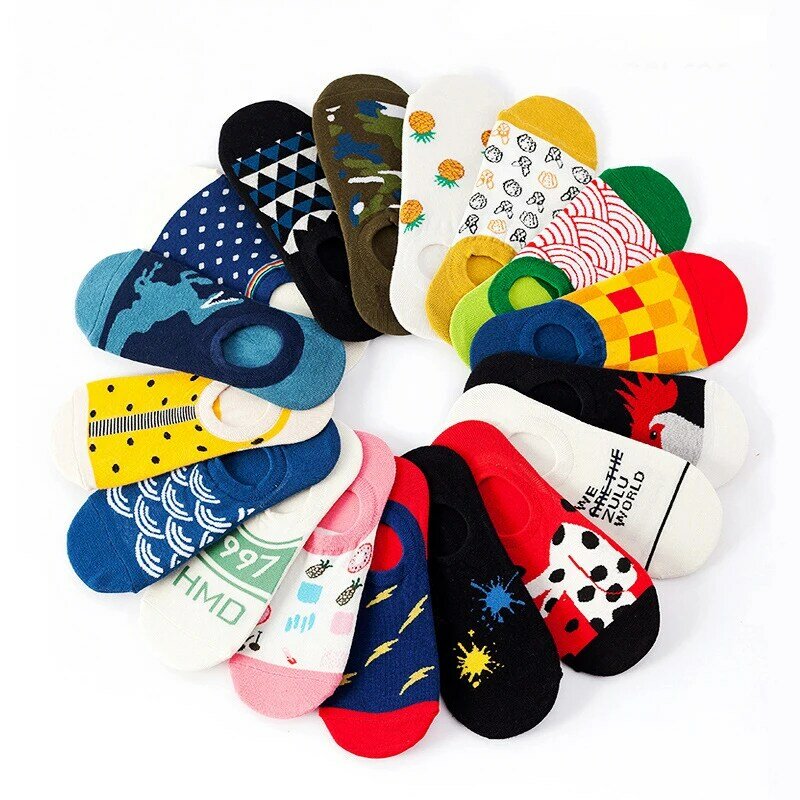 5 Pairs Short Funny Cotton Happy Invisible Summer Boat No Show Socks Non-Slip Women Men Low Cut Sock Slippers Silicone Socks