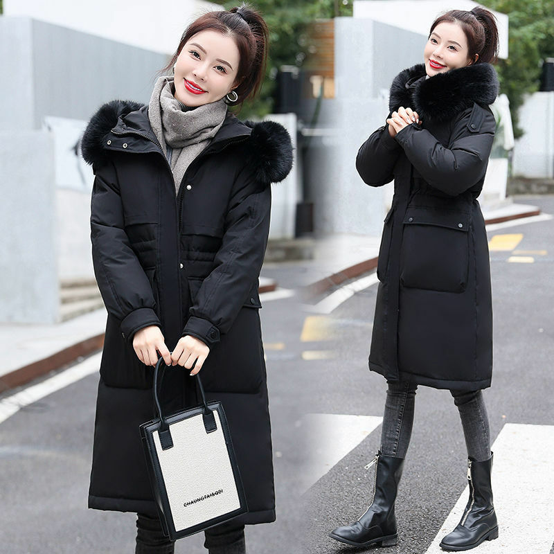 2021 Winter new down jacket women's medium and long white duck down large hairy collar is thin and thickened Parker coat