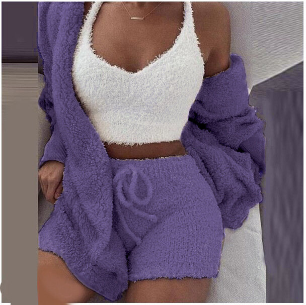 Conjunto de 3 piezas esponjosas para mujer, suéter de punto Sexy, camiseta sin mangas y pantalones, ropa informal para el hogar, traje de casa, 2023
