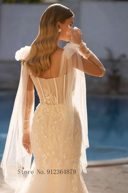 Mermaid ชุดแต่งงานหนา Staps ที่ถอดออกได้รถไฟ2ใน1ลูกไม้ Applique Wedding Gowns Tailor-Made