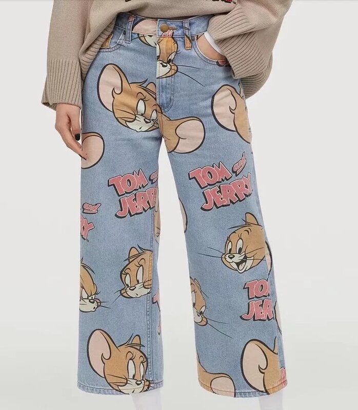 Pantalones vaqueros holgados con diseño de gato y ratón de dibujos animados vintage con cintura alta para mujer