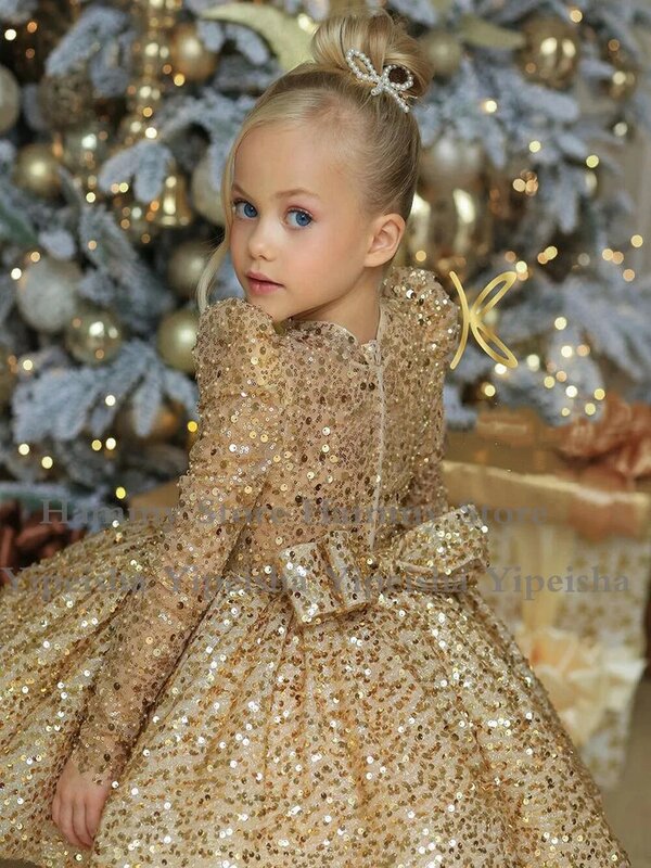 Vestido de lentejuelas doradas de lujo para niña, vestido de desfile hinchado de manga larga con lazo grande, vestidos de fiesta de cumpleaños para bebé