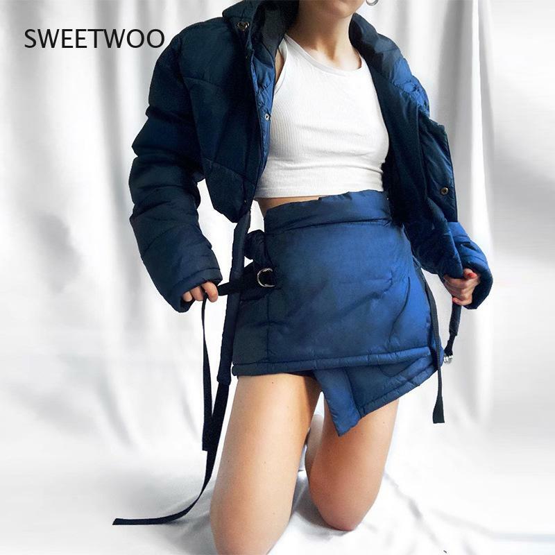 2021 Autumn and Winter New Women's Single-Breasted Hooded Cotton-Padded Jacket High Waist Bag Hip Skirt Casual Suit Women