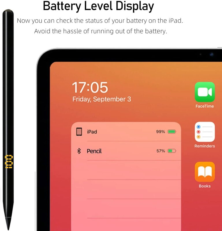 Peilinc Pena Stylus Pensil untuk iPad, Pintasan Bluetooth Praktis, Tampilan Tingkat Baterai Penolakan Telapak Tangan Miring untuk 2018-2022 Apple iPad