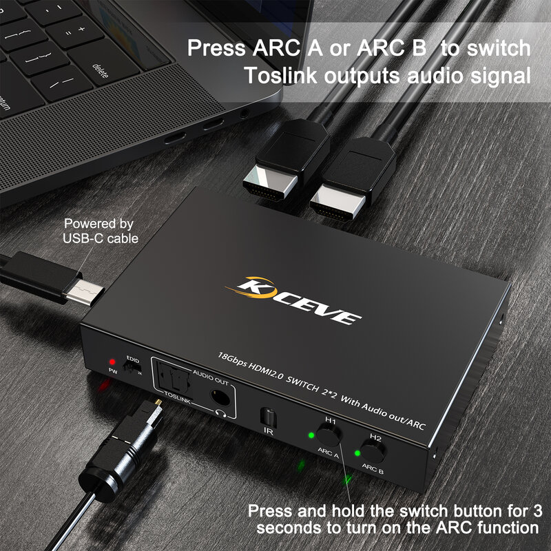 KVM 스위치 듀얼 모니터, ARC 오디오 추출, 4K HD 디스플레이 스위처, 무선 원격 제어 지원, 18Gbps 2x2 스위치