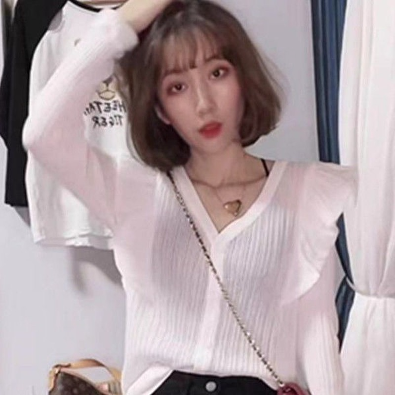 Camicie donna Streetwear scollo a v per il tempo libero solido coreano elegante manica lunga increspature Design femminile vendita calda elegante monopetto