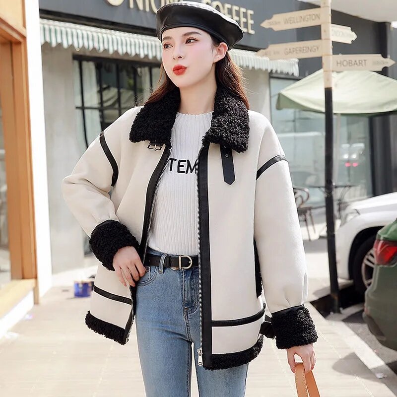 Inverno de luxo do vintage falso cordeiro lã casaco de pele das mulheres nova moda coreana engrossar quente casaco retalhos motocicleta solta curto jaqueta