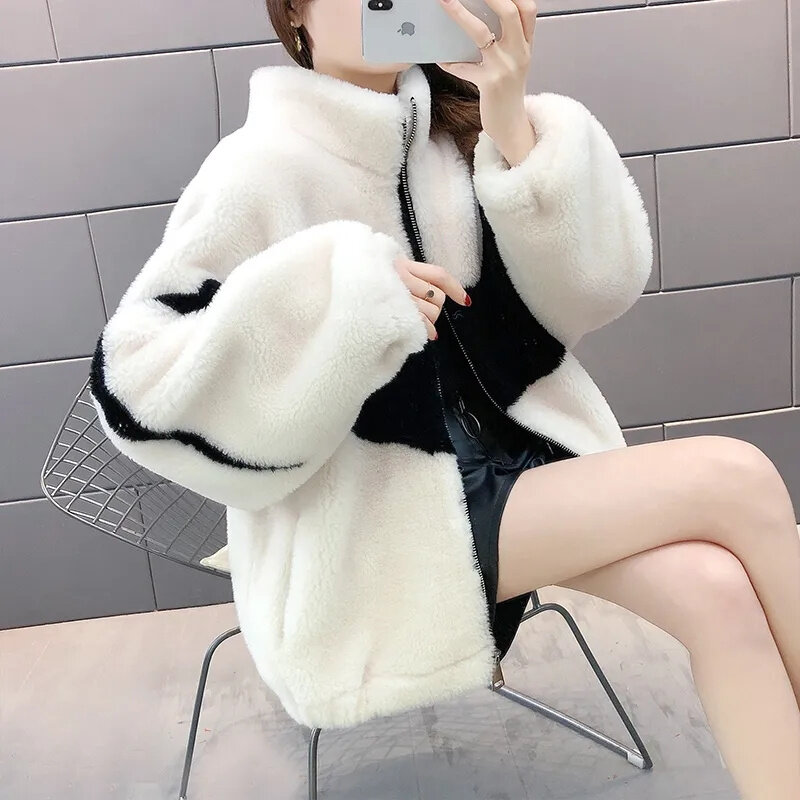 2024 New Plus Cotton Thickened  Lamb Hair Particles Stand-Up Collar Sweatershirt Women Color Matching Imitate Rabbit Fur Coat