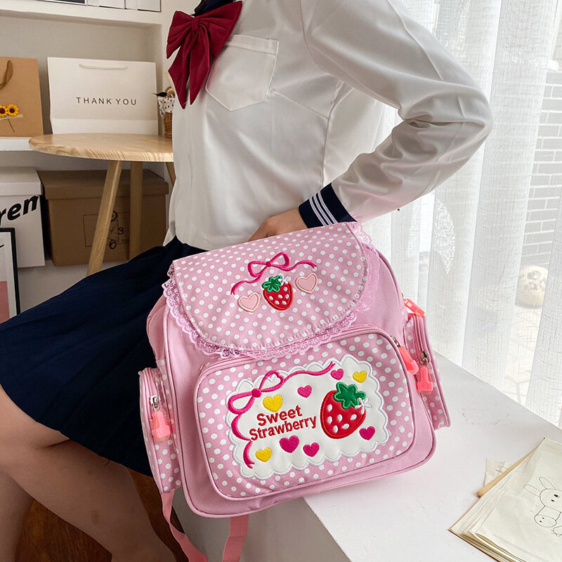Mochila con bordado de fresa rosa para niños, mochila escolar para estudiantes y niñas, regalo de cumpleaños, nueva mochila japonesa de dibujos animados, 2020
