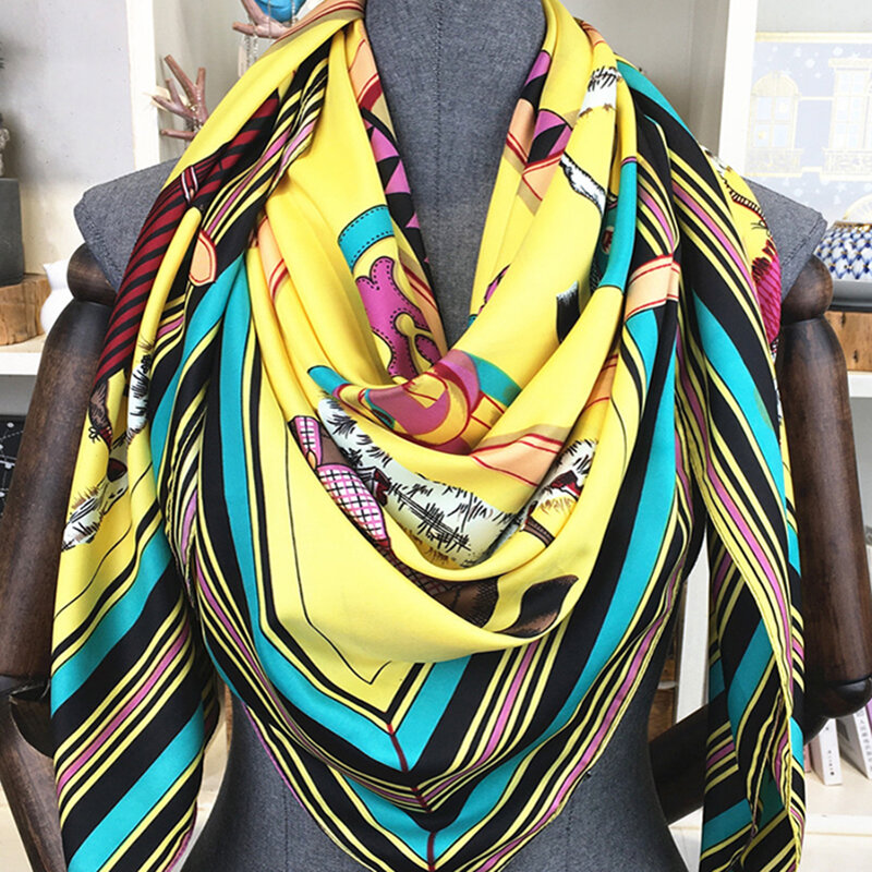 Женский брендовый саржевый шелковый шарф-бандана, квадратный шарф-накидка с принтом бабочки, 130*130 см