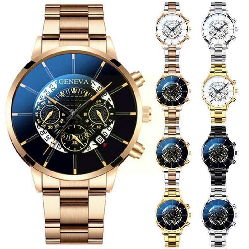 Reloj de acero de moda para hombre, cronógrafo de pulsera con calendario creativo de Geneva, relojes de negocios de lujo, reloj de exhibición luminoso