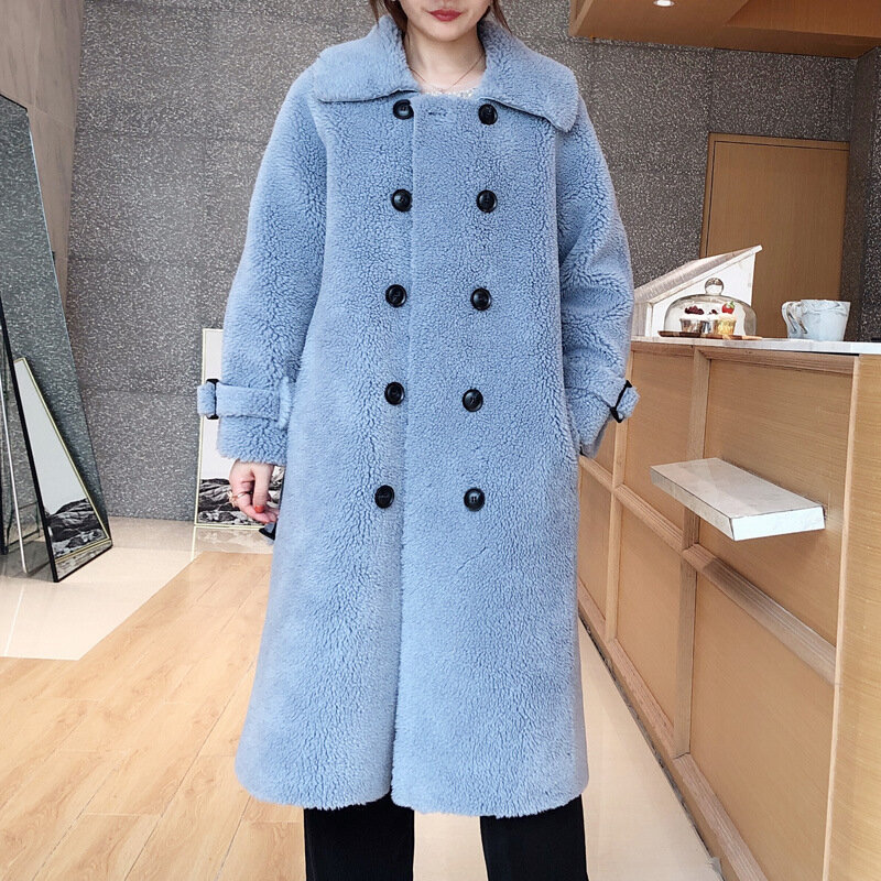 Autunno inverno pecora tosata cappotto da donna di media lunghezza in pile di lana composita cappotto di pelliccia giacca doppio petto calore cintura