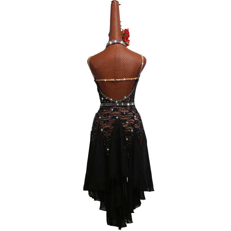 Neue latein amerikanische Wettbewerbs kostüme Rock Performance-Kleid anpassen Größe schwarze Spitze ausgehöhlten chinesischen Ausschnitt