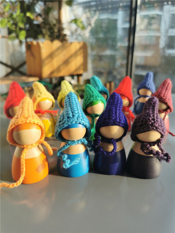 Crochet Wooden Rainbow Dolls in Beanies for Pastel Stackable Blocks Wood Natural Peg in Knitting Hat Montessori Toy
