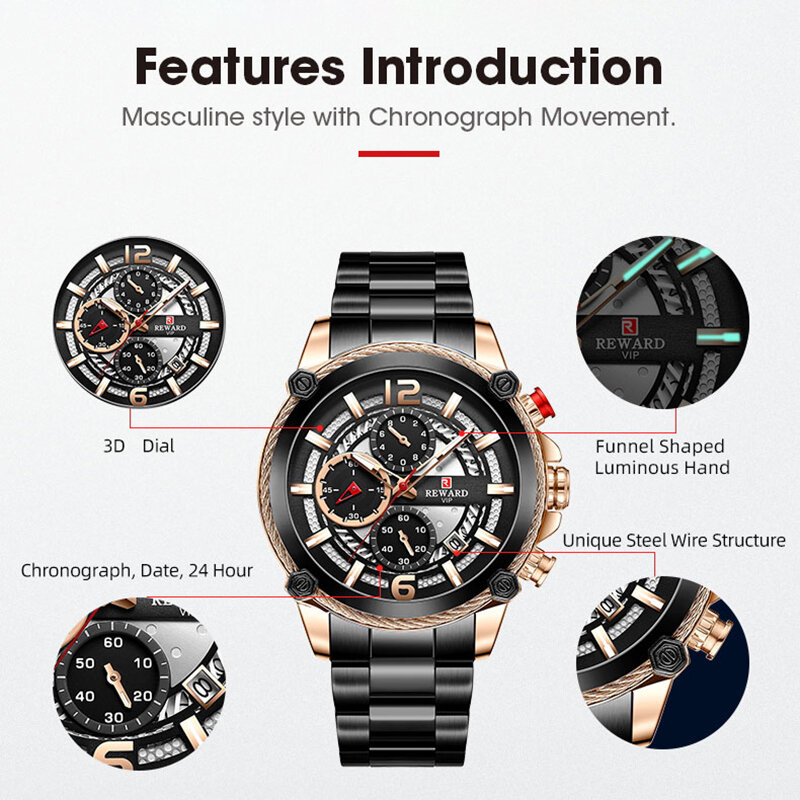 REWARD moda masculina relógios de luxo relógio esporte casual negócio à prova dwaterproof água relógio de pulso para relógio de quartzo masculino