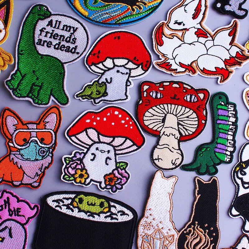 Hoạt Hình Nấm Embroideried Miếng Dán Cho Quần Áo DIY Sắt Trên Miếng Dán Trên Quần Áo Khủng Long Miếng Dán Cho Quần Áo Dán Táo