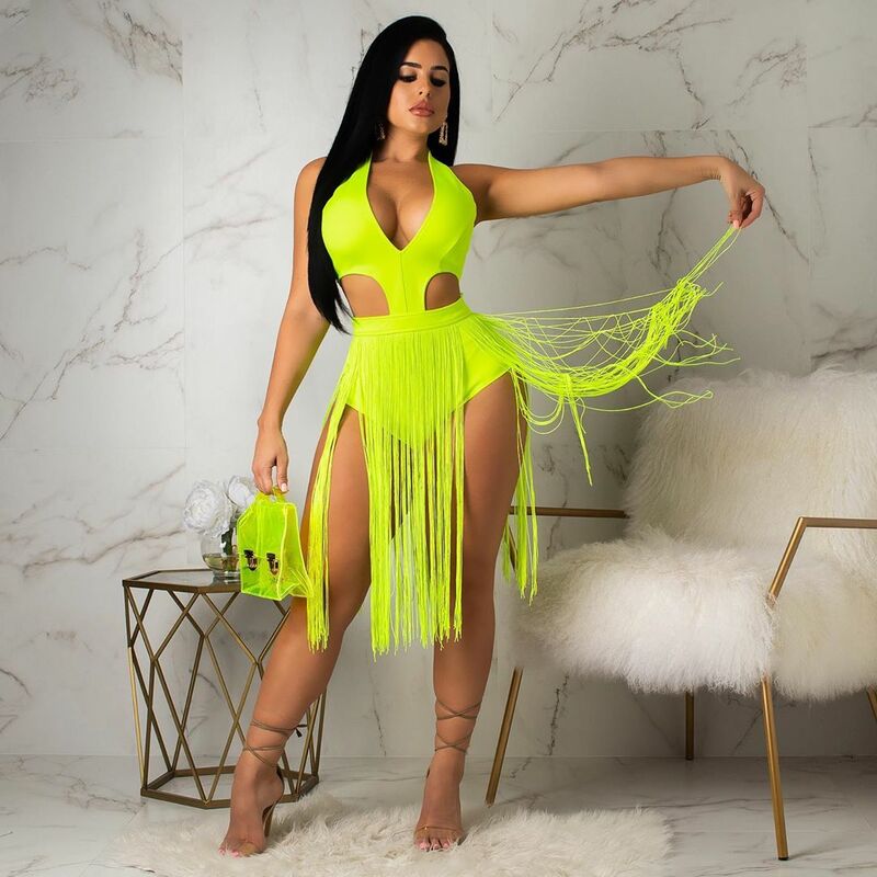 Taille Band Cut Out Kwasten Sexy Strand Bodysuit Vrouwen Open Back Bandage Korte Jumpsuit Zomer V-hals Neon Groen Bodycon playsuit
