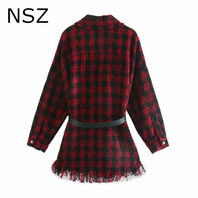 NSZ women red houndstooth oversized tweed jacket fall plaid wool blend coat belted tassel checked outerwear chaqueta mujer