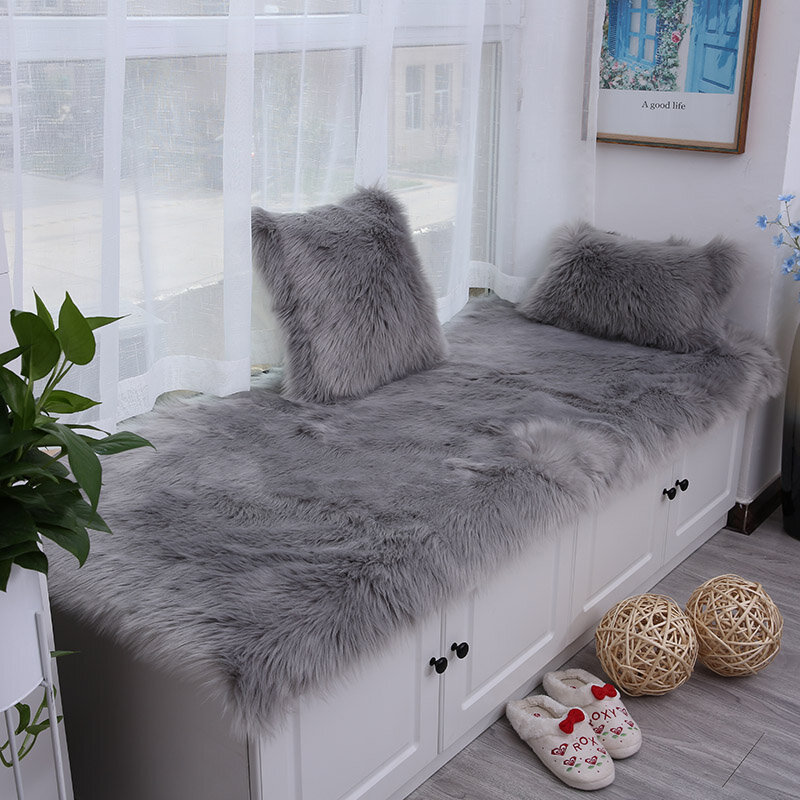 Alfombra gris esponjosa para sala de estar, decoración moderna, alfombras peludas de piel sintética para dormitorio y piso, cojín para alféizar de ventana