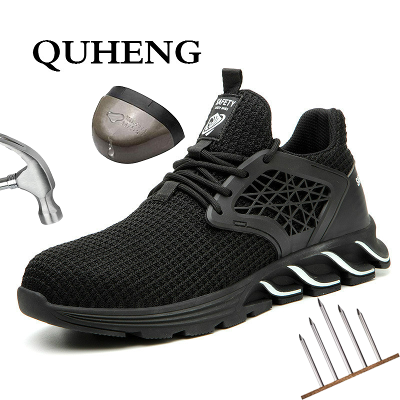 Quheng homens sapatos de segurança botas respirável sapatos de trabalho malha ar leve respirável tênis malha casual tamanho grande 48