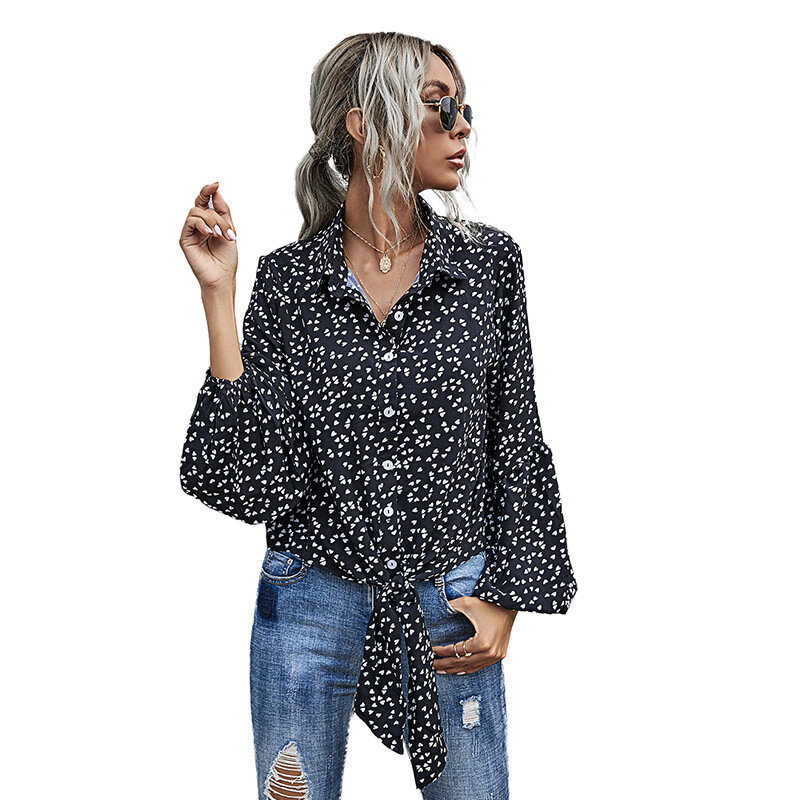 여성 블라우스 패션 2020 인쇄 퍼프 싱글 브레스트 셔츠 긴 소매 플러스 사이즈 여성 의류 숙녀 느슨한 v-목