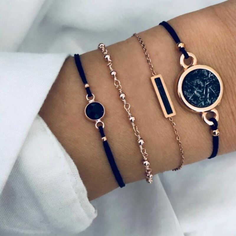 Новый богемный черный браслет-цепочка из веревки для женщин, украшения в стиле бохо с изображением самолета, Луны, сердца