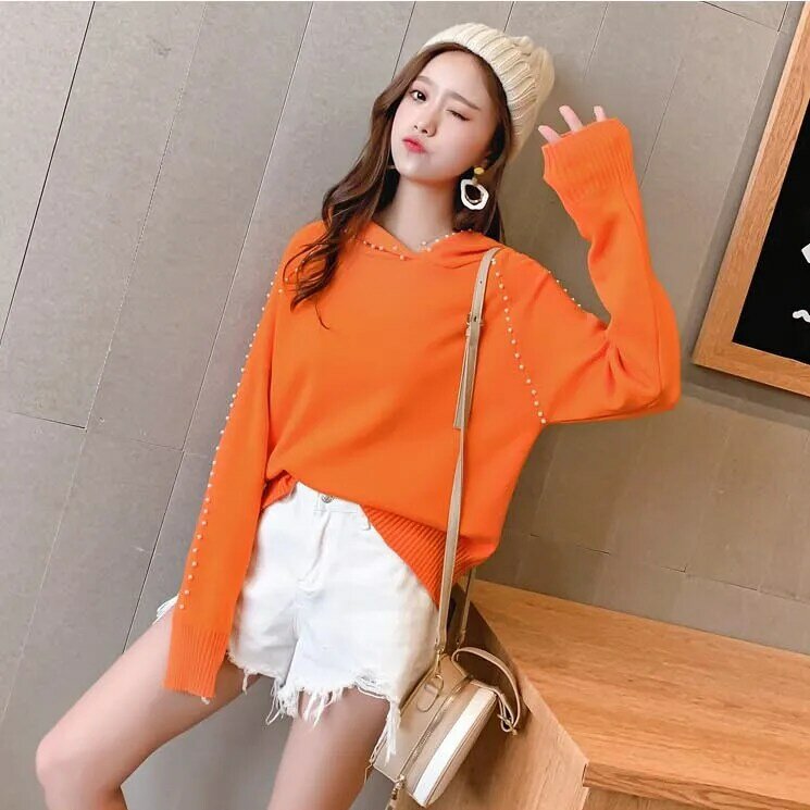New Fashion Autumn and Winter Women's Hooded Sweater Pure Color Female Spring Long Sleeve Knitwear Students Knitted Tops