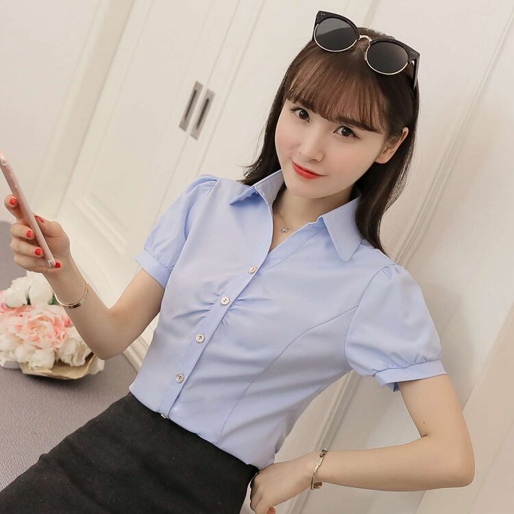 Large Size 5XL Summer Women Office Lady Formal Party Short Sleeve Slim Collar Blouse Casual Solid White Shirt Summer Tops