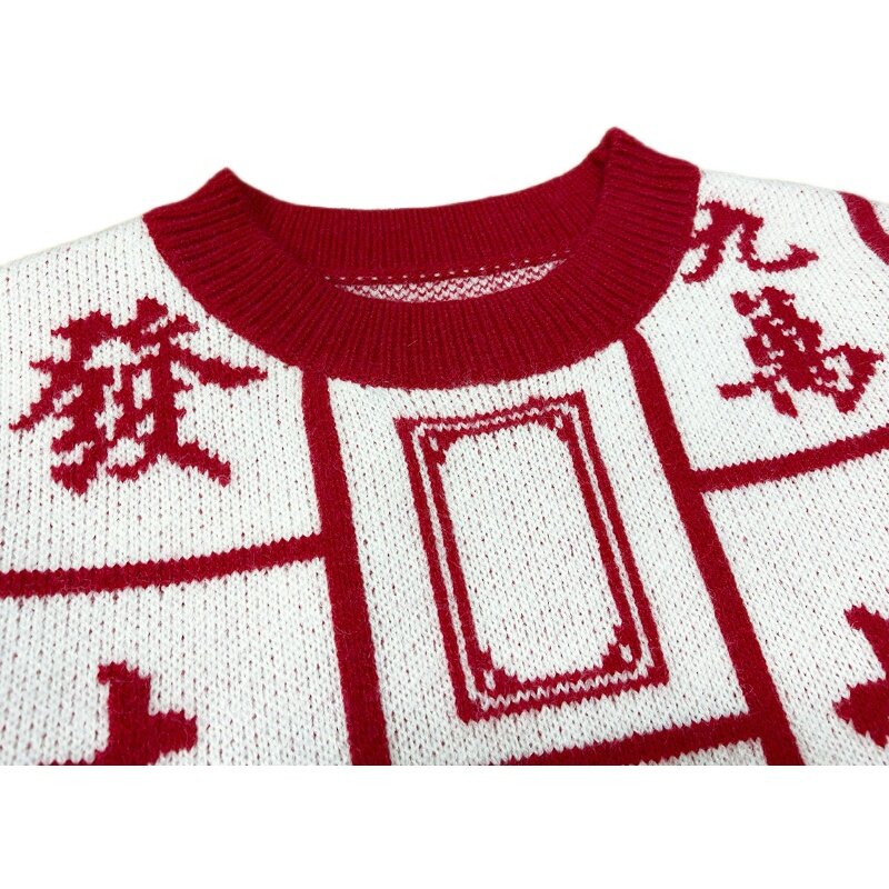Chic Mahjong Karakter Print Lange Mouwen Losse Trui Voor Vrouwen Herfst Winter Casual Streetwear O Hals Trui Jumper