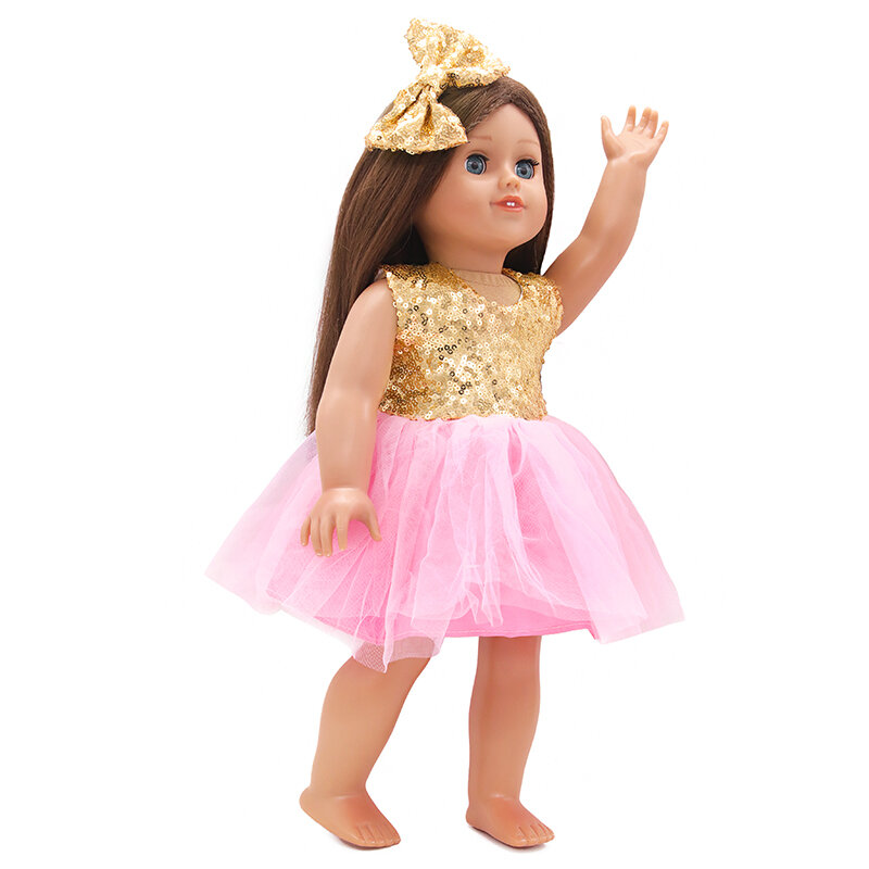 골드 컬러 스팽글 보우 인형 스커트 헤어핀, 43cm 새로운 아기 인형 핑크 거즈 드레스 의류 세트 18 인치 및 DIY 인형