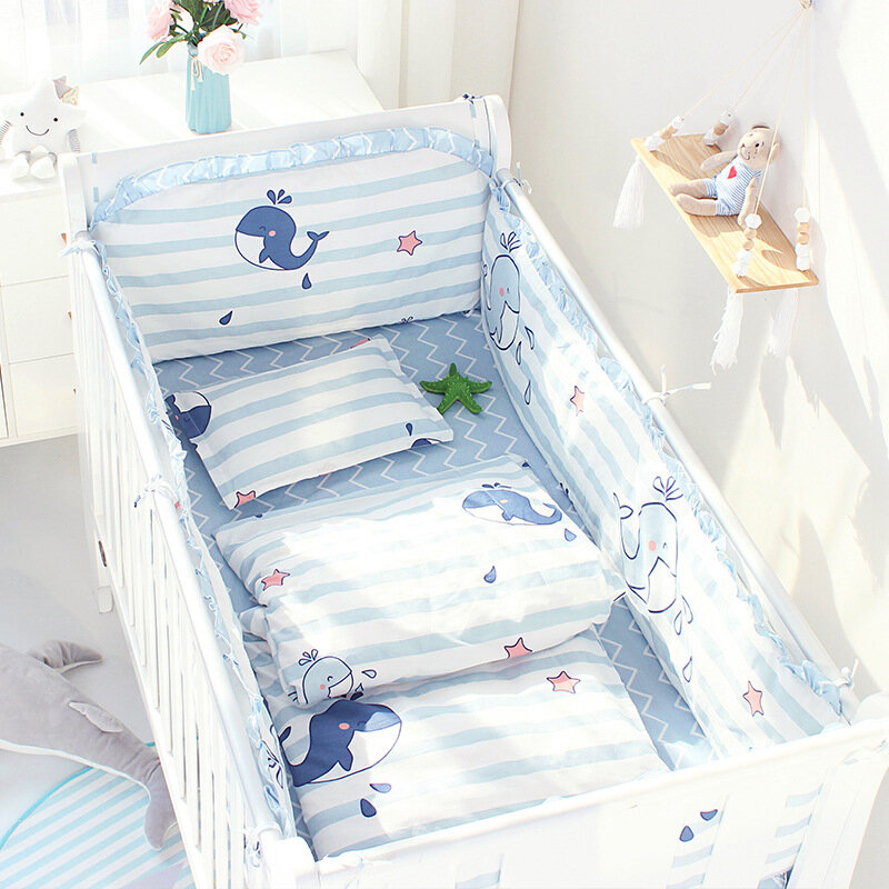 Baby Crib Bumper For Newborn Infant Cotton Cartoon Print Baby Bed Set Detachable Zipper Kids Room Decor Cot Protector 5pcs Set