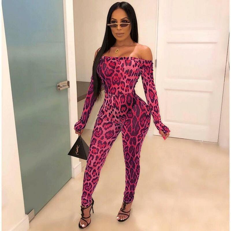 BKLD kobiety moda Leopard Off The Shoulder pajacyki kombinezony Clubwear panie 2019 jesień pochodni z długim rękawem Bodycon kombinezony