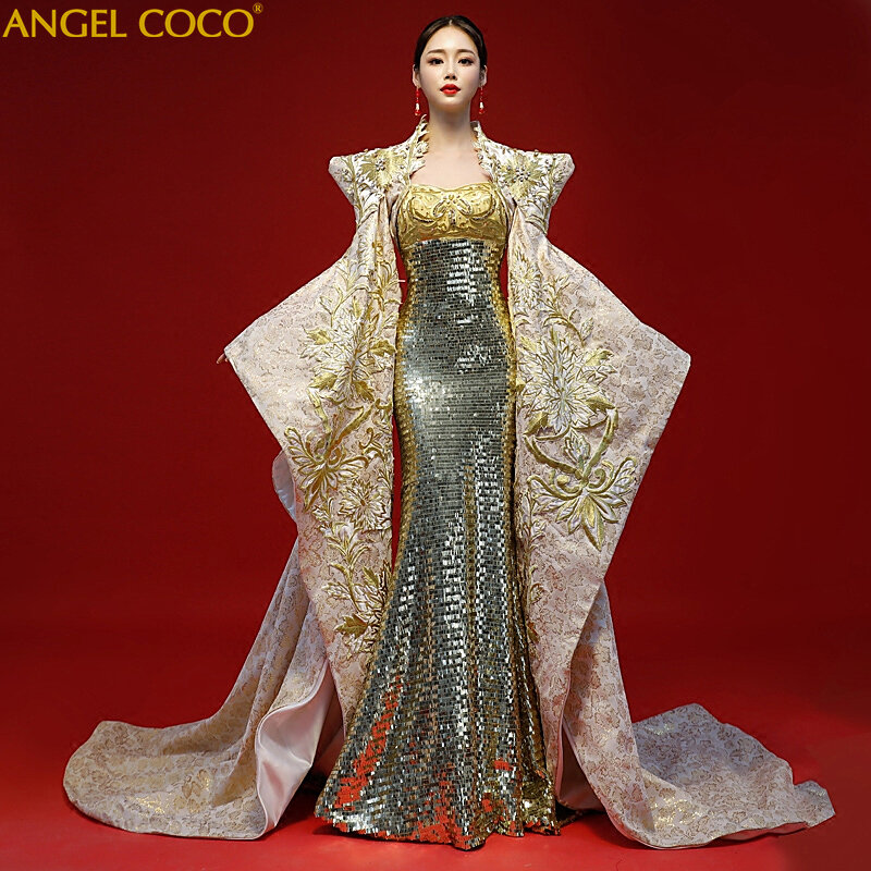 2 Piece Gold Dubai Saudi Arabic Dress Mermaid Evening Dress Shawl coat Robe Long Luxury Gowns Maternity Dresses Abendkleider